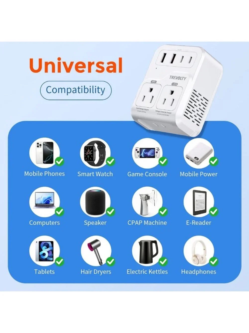 2000W Voltage Converter for European Travel, 7-in-1 Adapter with 3 AC/2 USB